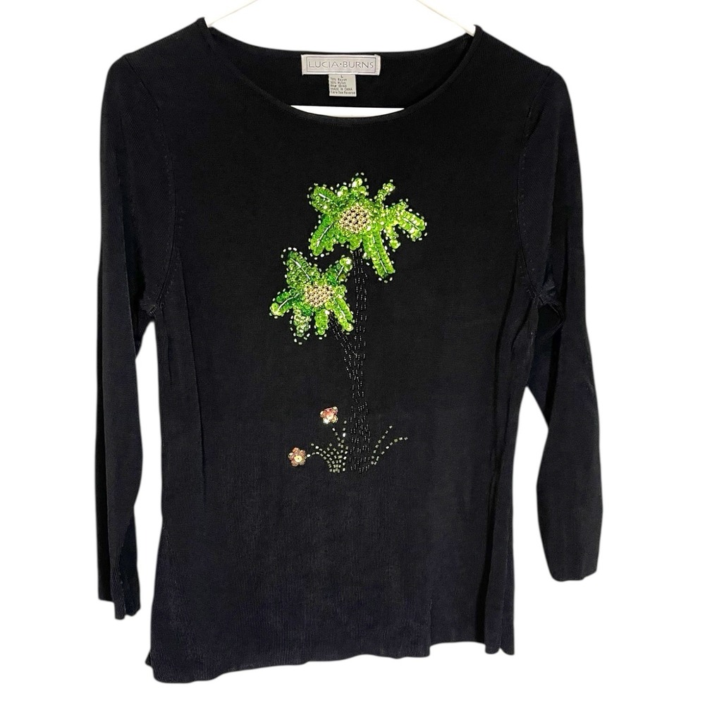 Vintage Lucia Burns Large Black Sweater Rayon Blend Beaded Palm Tree‎ Sequins